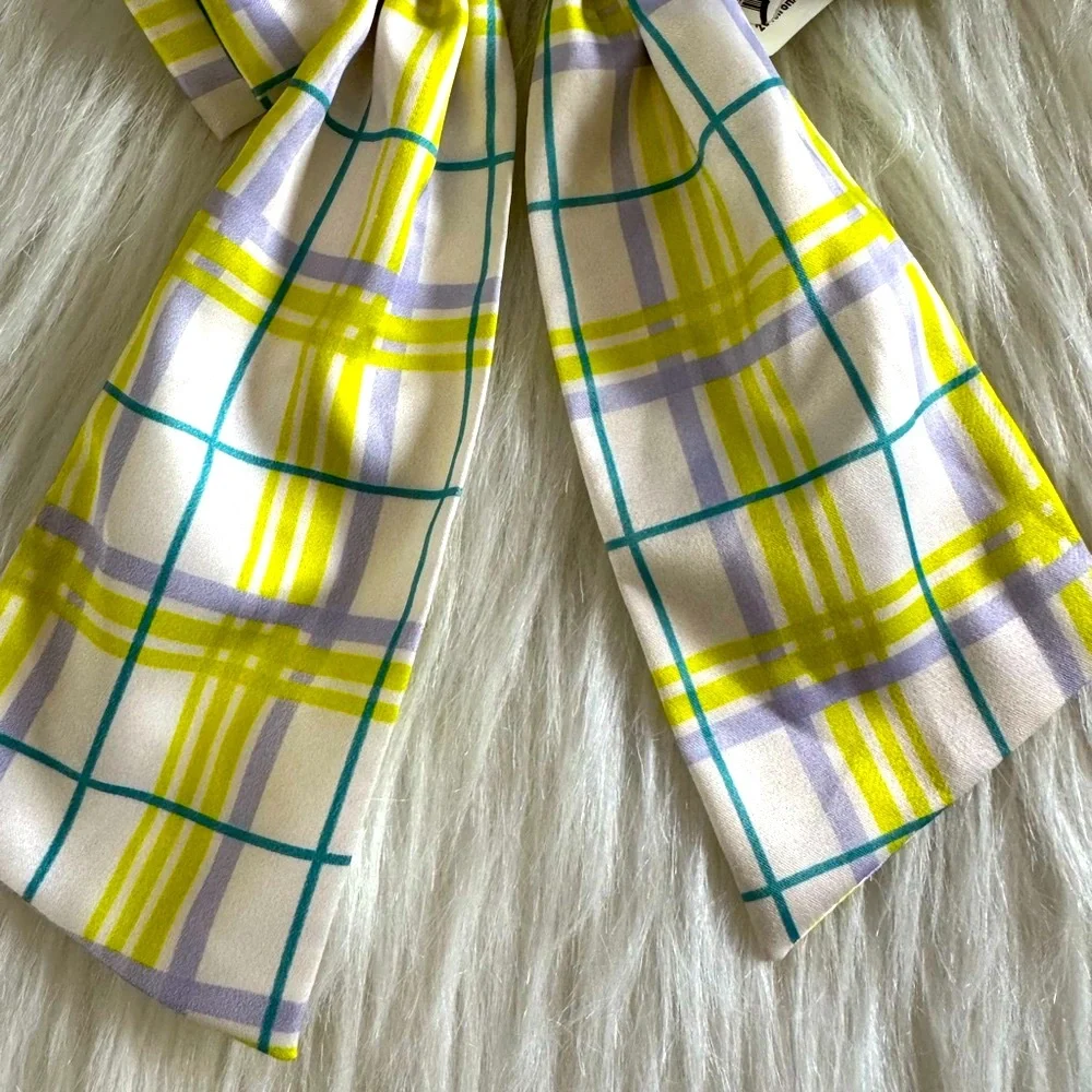 Anthropologie Plaid Patterned Hair Clip Bow NeonYellow Teal & Lavender On White